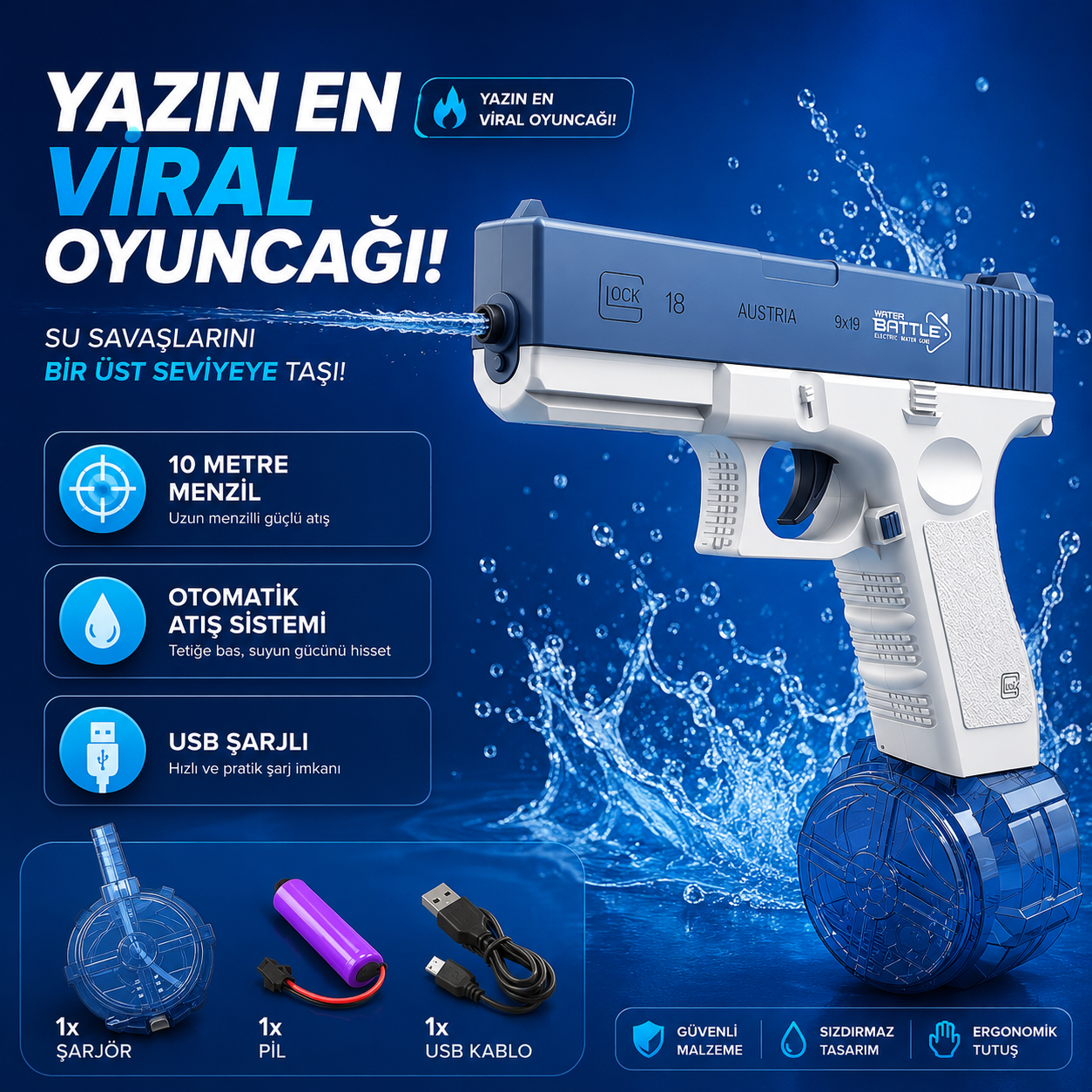 AquaPop™ Şarjlı Işıklı Ateş Efektli Su Tabancası – Glock